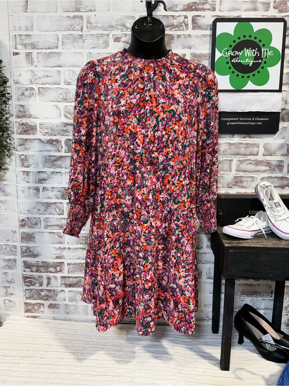 Floral Print Long Sleeve Smocked Neck Dress - Pink Multi